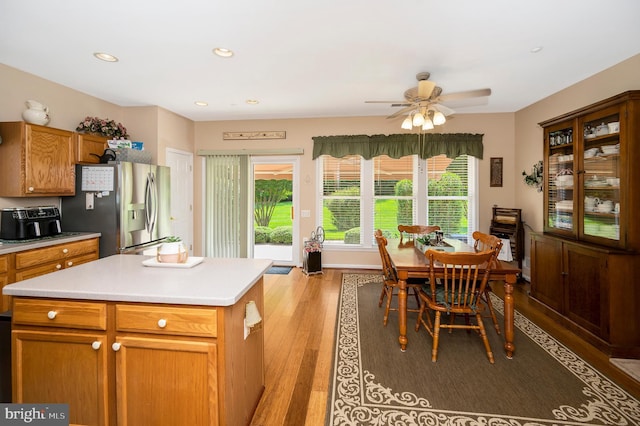 24 Smithfield Way, Fredericksburg, VA 22406 - kitchen featuring stainless steel refrigerator with ice dispenser, a ceiling fan, light countertops, light wood-style floors, and recessed lighting