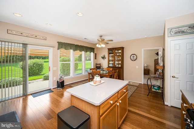 24 Smithfield Way, Fredericksburg, VA 22406 - kitchen with wood finished floors, light countertops, ceiling fan, a center island, and recessed lighting