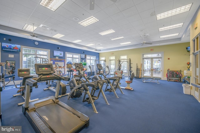 24 Smithfield Way, Fredericksburg, VA 22406 - gym featuring a ceiling fan, a paneled ceiling, healthy amount of natural light, and carpet flooring