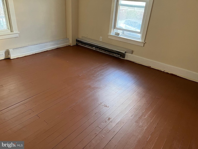 spare room featuring dark wood-style floors and a baseboard heating unit