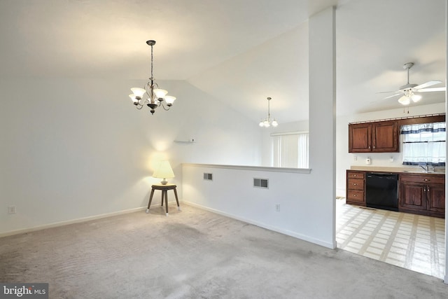 kitchen with dishwasher, a chandelier, lofted ceiling, ceiling fan, and a sink