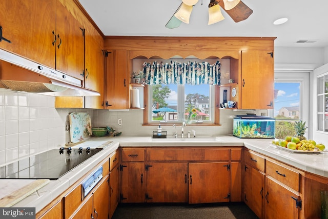 1 Somerset Ave, Cambridge, MD 21613 - kitchen featuring a sink, black electric cooktop, tasteful backsplash, ceiling fan, and under cabinet range hood