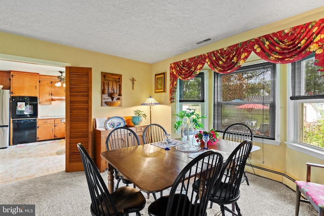 1 Somerset Ave, Cambridge, MD 21613 - dining room with light colored carpet, a baseboard heating unit, and a textured ceiling