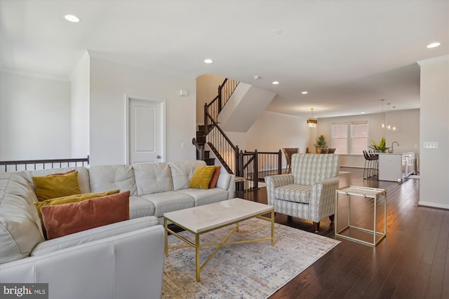 8423 Reformatory Way, Lorton, VA 22079 - living room featuring dark wood-type flooring, recessed lighting, and stairway