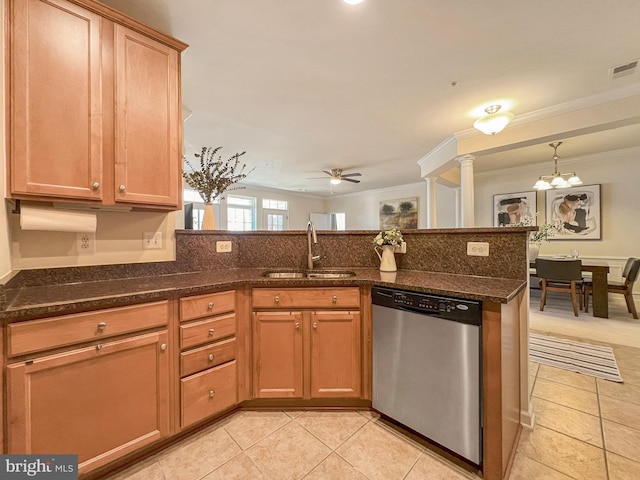 9712 Handerson Pl Unit 306, Manassas Park, VA 20111 - kitchen featuring stainless steel dishwasher, a sink, ceiling fan, ornamental molding, and dark stone countertops