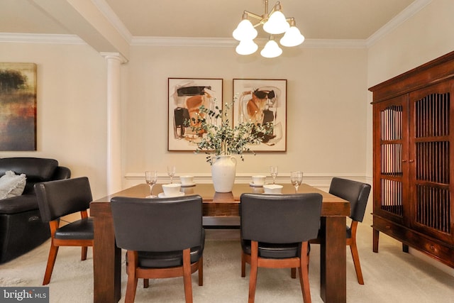 9712 Handerson Pl Unit 306, Manassas Park, VA 20111 - dining space featuring crown molding, a chandelier, light carpet, and decorative columns