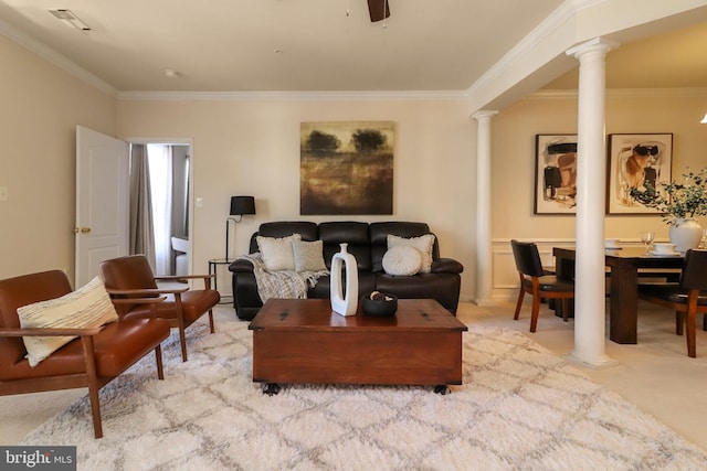 9712 Handerson Pl Unit 306, Manassas Park, VA 20111 - living area featuring carpet, decorative columns, crown molding, and ceiling fan