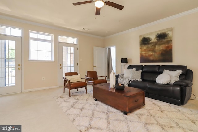 9712 Handerson Pl Unit 306, Manassas Park, VA 20111 - carpeted living area featuring ornamental molding, ceiling fan, and baseboards