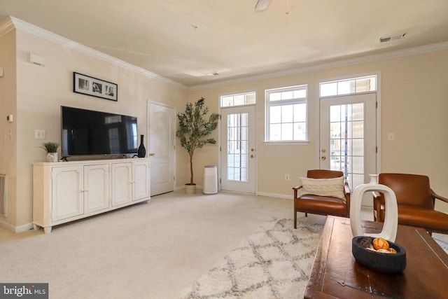 9712 Handerson Pl Unit 306, Manassas Park, VA 20111 - living room featuring baseboards, light colored carpet, ornamental molding, and ceiling fan
