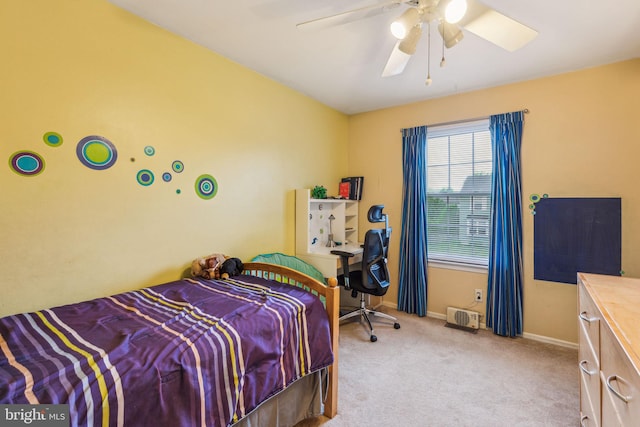bedroom with carpet floors, a ceiling fan, and baseboards