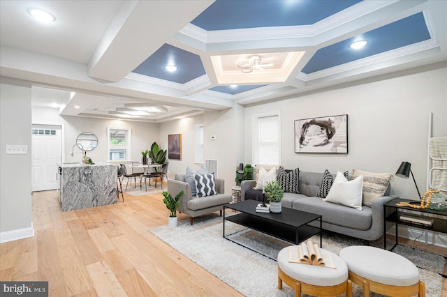 3920 Mortimer Ave, Baltimore, MD 21215 - living area featuring light wood finished floors, coffered ceiling, crown molding, and baseboards