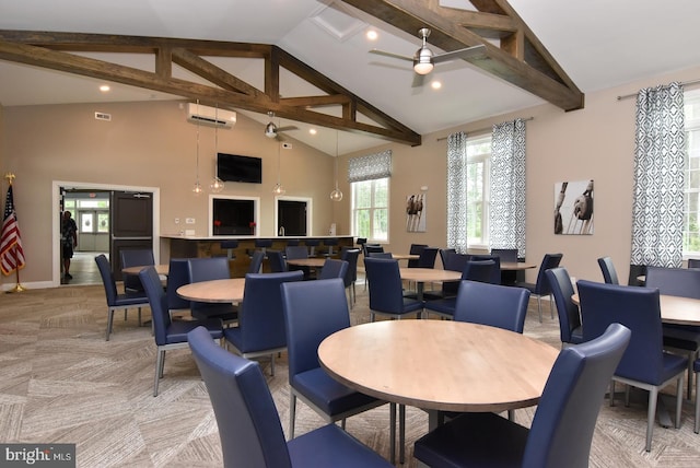 dining room with a wall mounted air conditioner, beamed ceiling, ceiling fan, high vaulted ceiling, and recessed lighting