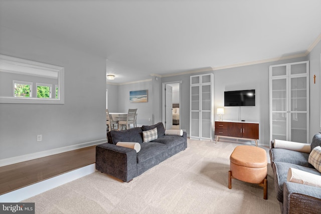 living room featuring ornamental molding, baseboards, carpet, and wood finished floors
