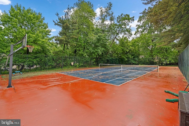 view of tennis court featuring fence