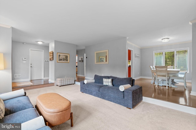 carpeted living area featuring baseboards and crown molding