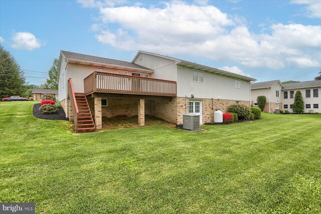438 N 4th St, Halifax, PA 17032 - rear view of property with stairway, a wooden deck, a yard, and brick siding