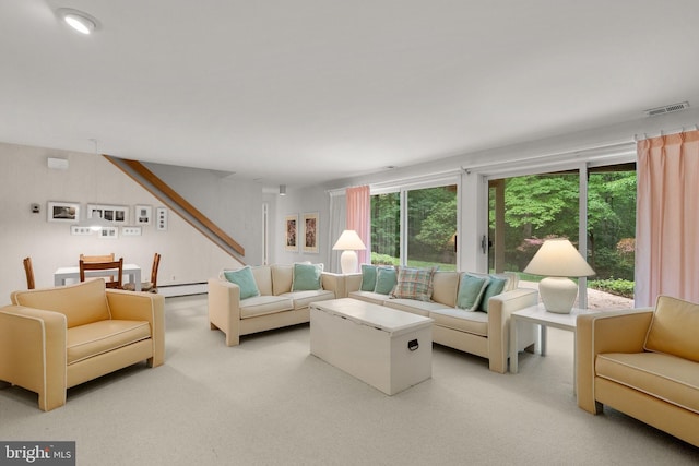 17810 Pond Rd, Ashton, MD 20861 - living area featuring baseboard heating and light carpet