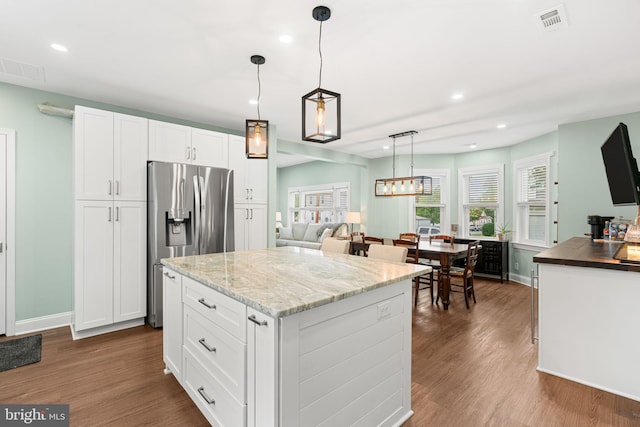 401 Woodland Ave, Glendora, NJ 08029 - kitchen featuring stainless steel fridge, recessed lighting, white cabinetry, dark wood finished floors, and pendant lighting