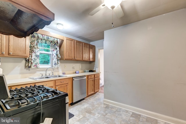6109 Oakland Mills Rd, Sykesville, MD 21784 - kitchen featuring dishwasher, black gas stove, a sink, light countertops, and a ceiling fan