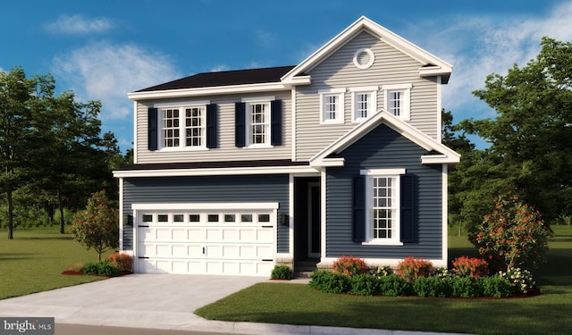 traditional-style home with a front yard, a garage, and driveway