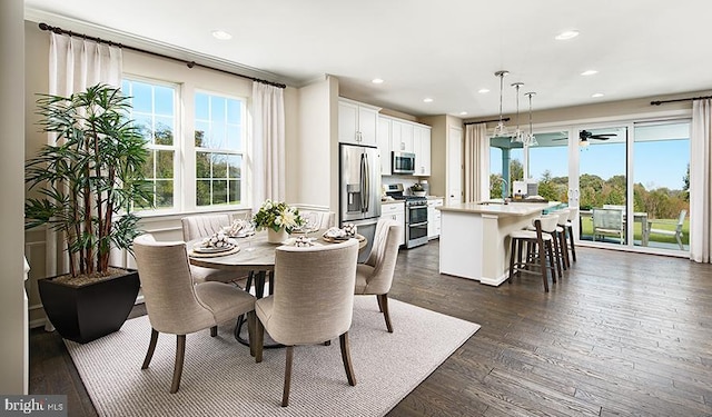 dining room featuring plenty of natural light, ceiling fan, recessed lighting, and dark wood-type flooring