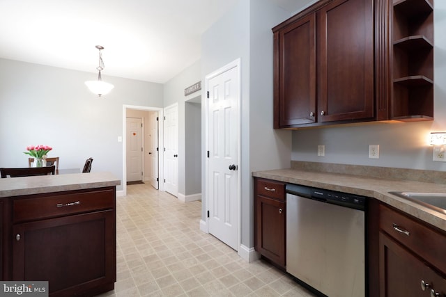 2408 Setter Run Ln, State College, PA 16801 - kitchen with dishwasher, baseboards, decorative light fixtures, open shelves, and dark brown cabinetry
