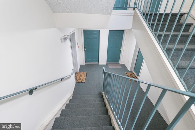13113 Briarcliff Ter Unit 1-101, Germantown, MD 20874 - stairs featuring a textured ceiling and carpet floors
