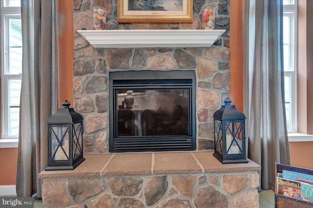 detailed view of a stone fireplace