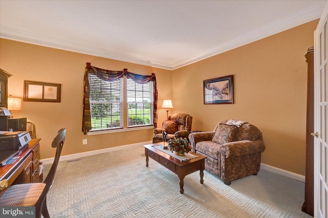 carpeted living area featuring baseboards and crown molding