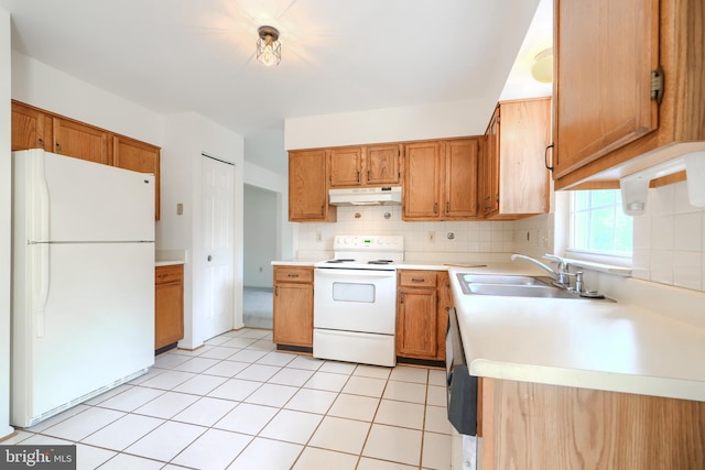 4001 Cedar Mills Rd, Randallstown, MD 21133 - kitchen featuring white appliances, under cabinet range hood, a sink, tasteful backsplash, and light countertops