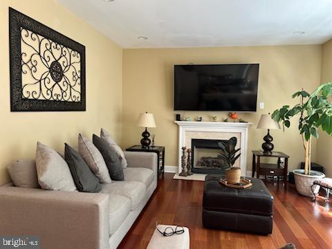 living room featuring wood finished floors and a fireplace with flush hearth
