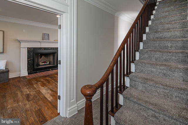 staircase featuring ornamental molding, wood finished floors, baseboards, and a high end fireplace