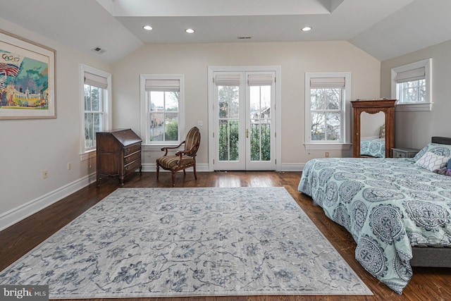 bedroom with vaulted ceiling, access to exterior, dark wood-style flooring, baseboards, and recessed lighting