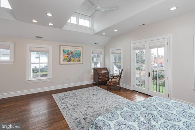 bedroom with access to outside, multiple windows, dark wood-style floors, recessed lighting, and vaulted ceiling