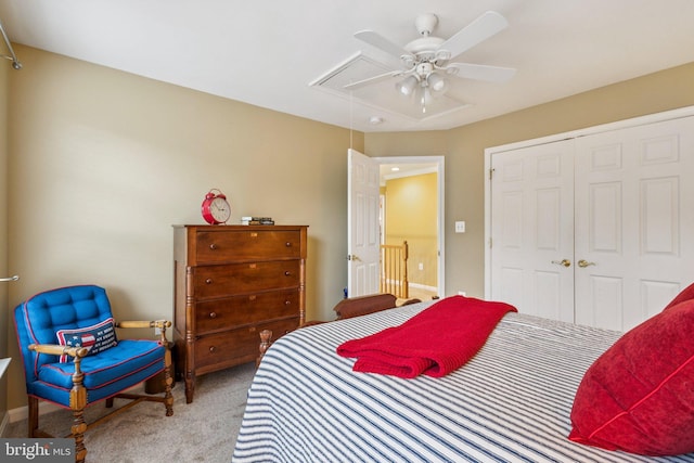 12649 Victory Lakes Loop, Bristow, VA 20136 - bedroom with attic access, carpet flooring, a closet, and a ceiling fan