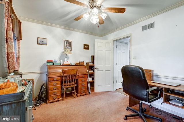 137 S Ronks Rd, Ronks, PA 17572 - home office with light carpet, a ceiling fan, and ornamental molding