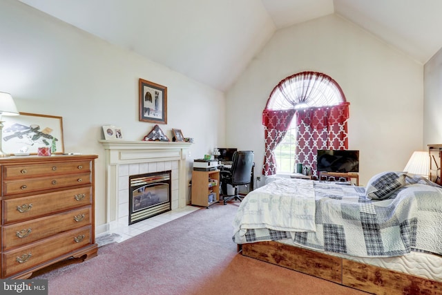 137 S Ronks Rd, Ronks, PA 17572 - carpeted bedroom with vaulted ceiling and a tiled fireplace