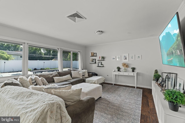 living room featuring healthy amount of natural light, dark wood-type flooring, baseboards, and ornamental molding