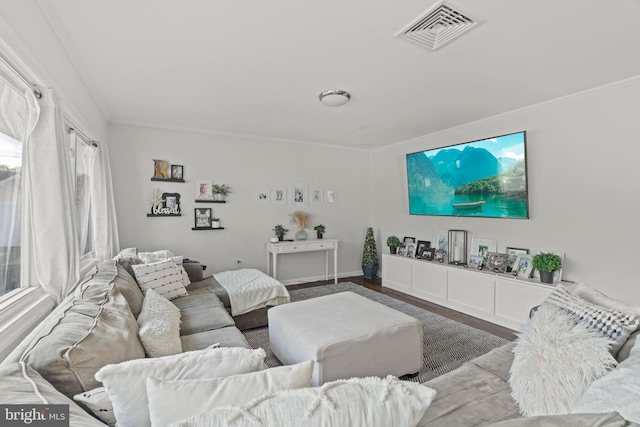 living area with ornamental molding, plenty of natural light, and wood finished floors