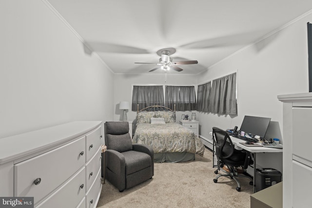 carpeted bedroom featuring ornamental molding, a desk, a baseboard heating unit, and ceiling fan