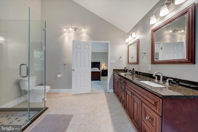 102 Windsong Dr, Doylestown, PA 18901 - ensuite bathroom with lofted ceiling, a stall shower, baseboards, double vanity, and toilet