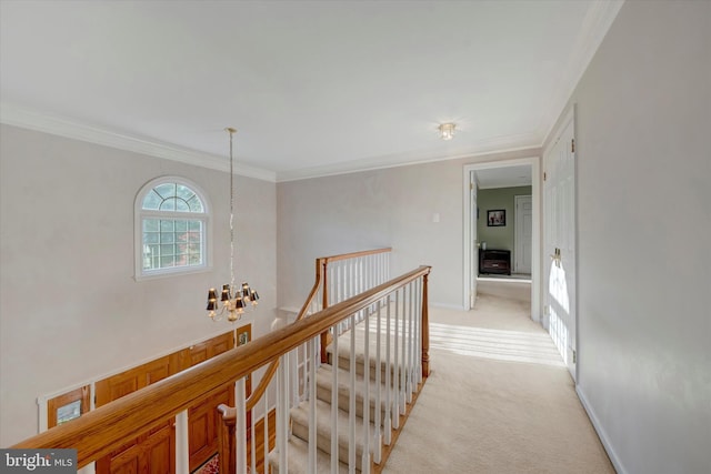 102 Windsong Dr, Doylestown, PA 18901 - hallway featuring a chandelier, ornamental molding, light colored carpet, baseboards, and an upstairs landing