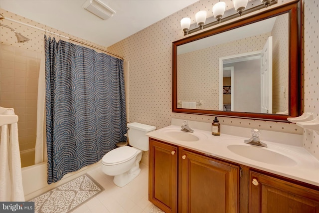 102 Windsong Dr, Doylestown, PA 18901 - bathroom with toilet, double vanity, shower / tub combo, wallpapered walls, and tile patterned floors