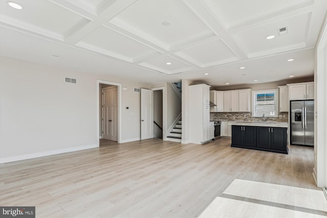 57 Bayside Dr, Fenwick Island, DE 19944 - kitchen featuring appliances with stainless steel finishes, open floor plan, coffered ceiling, light countertops, and white cabinets