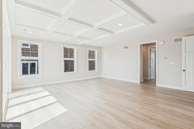 57 Bayside Dr, Fenwick Island, DE 19944 - unfurnished room with light wood-style flooring, coffered ceiling, beamed ceiling, baseboards, and recessed lighting