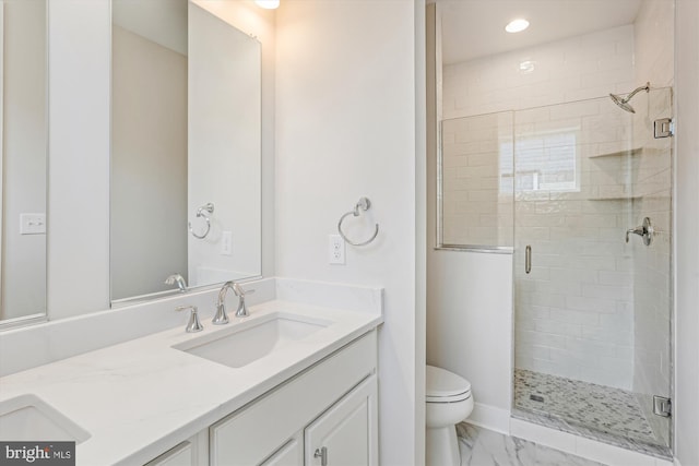 57 Bayside Dr, Fenwick Island, DE 19944 - full bathroom featuring toilet, a stall shower, marble look tiles, double vanity, and recessed lighting