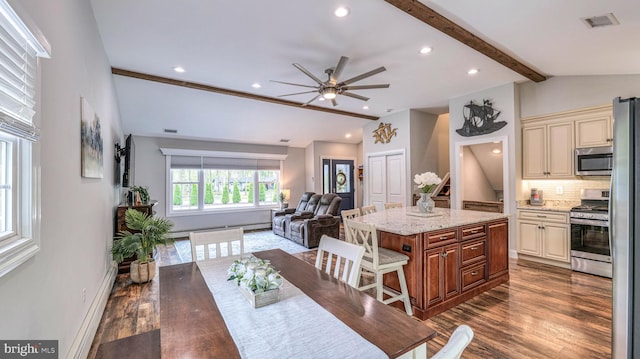 411 Spencer, Galloway, NJ 08205 - dining room featuring a ceiling fan, dark wood-style floors, recessed lighting, a baseboard radiator, and baseboards