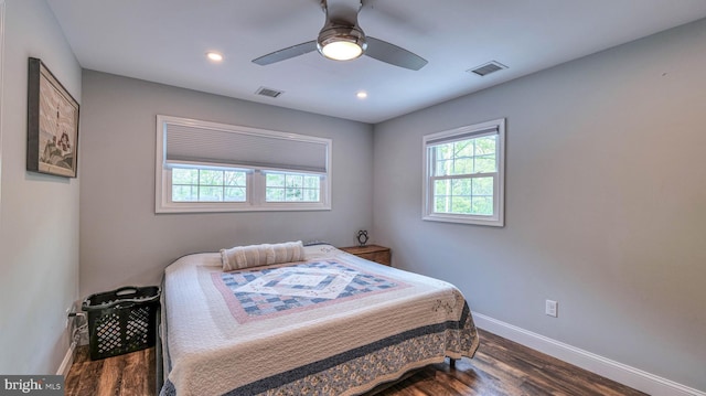 411 Spencer, Galloway, NJ 08205 - bedroom with dark wood-style floors, baseboards, ceiling fan, and recessed lighting