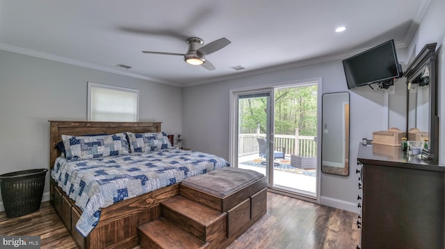 411 Spencer, Galloway, NJ 08205 - bedroom featuring access to exterior, wood finished floors, baseboards, ornamental molding, and a ceiling fan