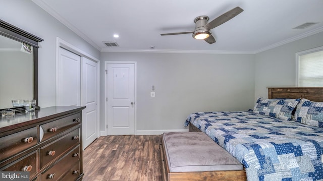 411 Spencer, Galloway, NJ 08205 - bedroom featuring dark wood-type flooring, ornamental molding, baseboards, and a ceiling fan
